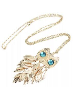 Gold Wise Owl Bird Blue Crystal Long Drop Statement Necklace